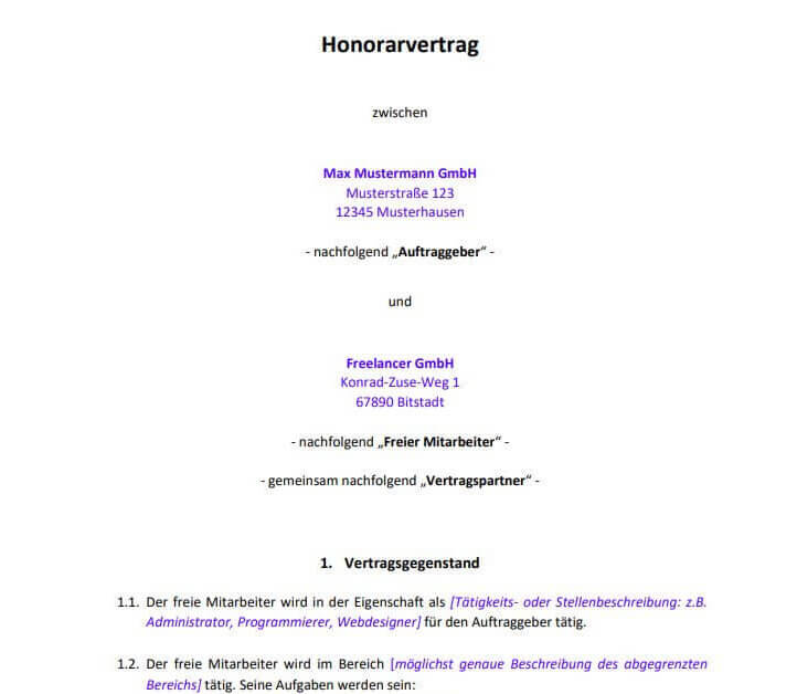 Honorarvertrag Muster Vorlage