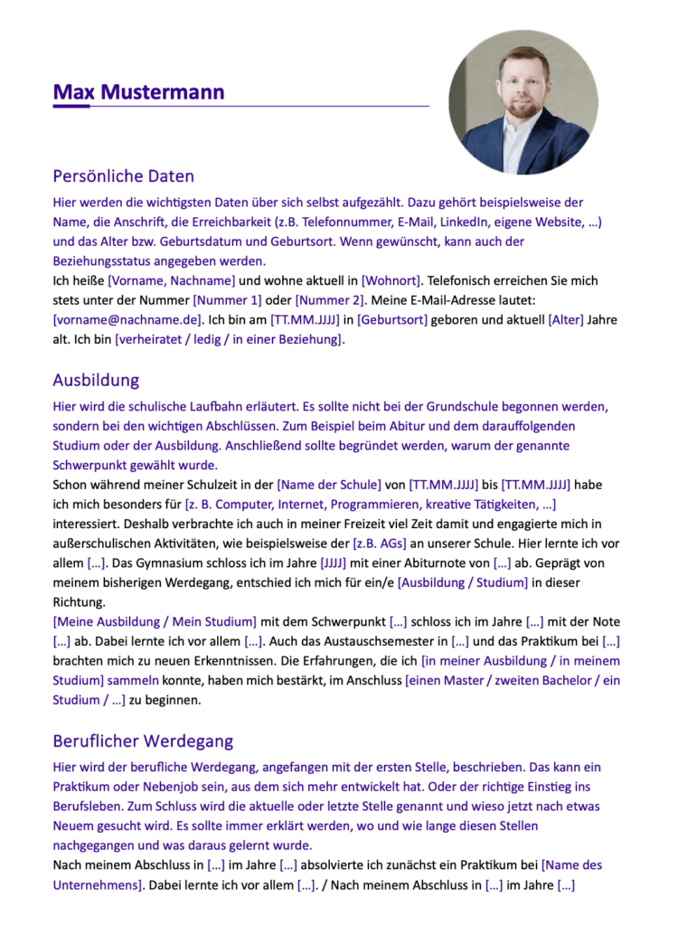 Vorlage ausführlicher Lebenslauf Textform