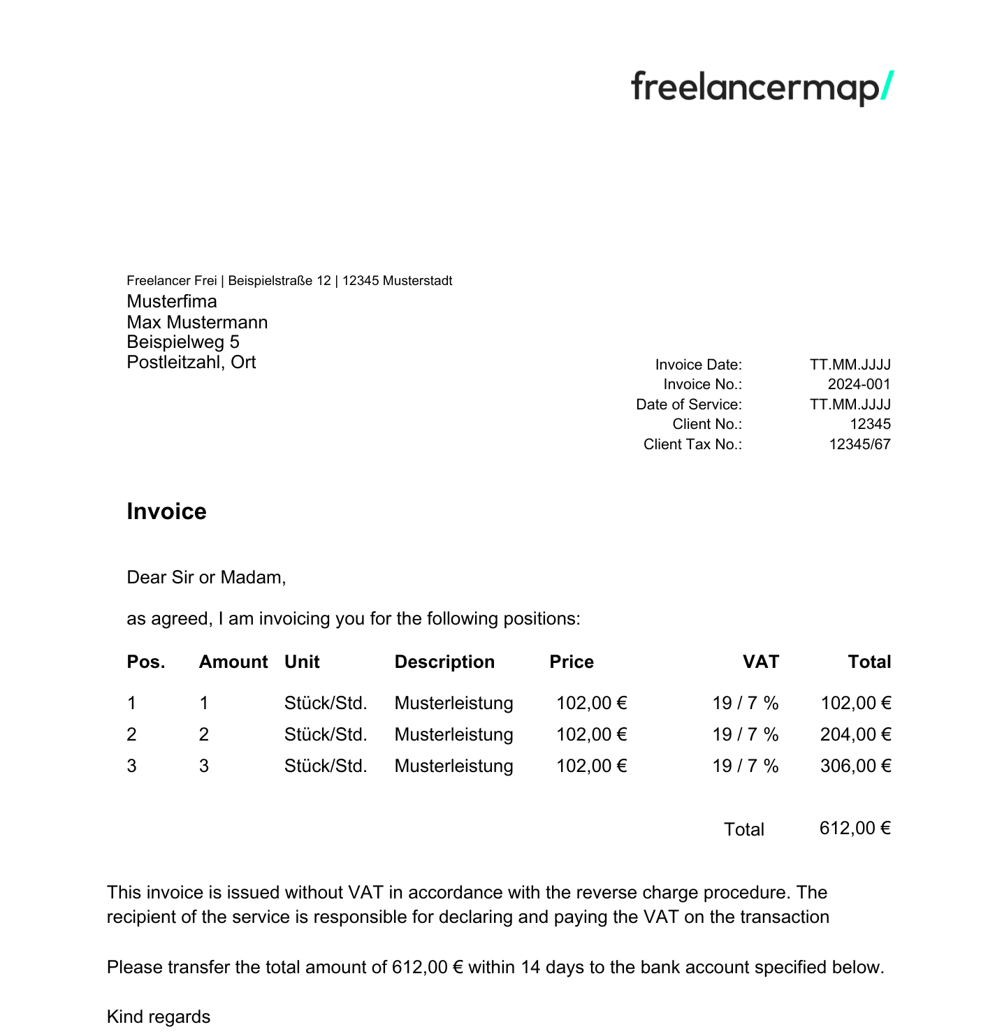 Vorlage/Muster Reverse Charge Rechnung englisch
