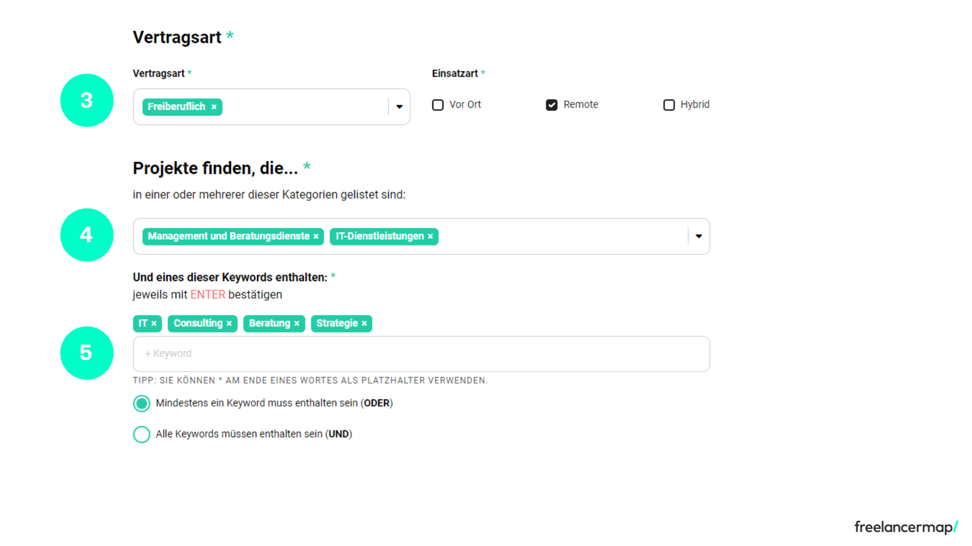 Screenshot des Projektagenten von freelancermap zum Festlegen der Vertragsart und Berufskategorien