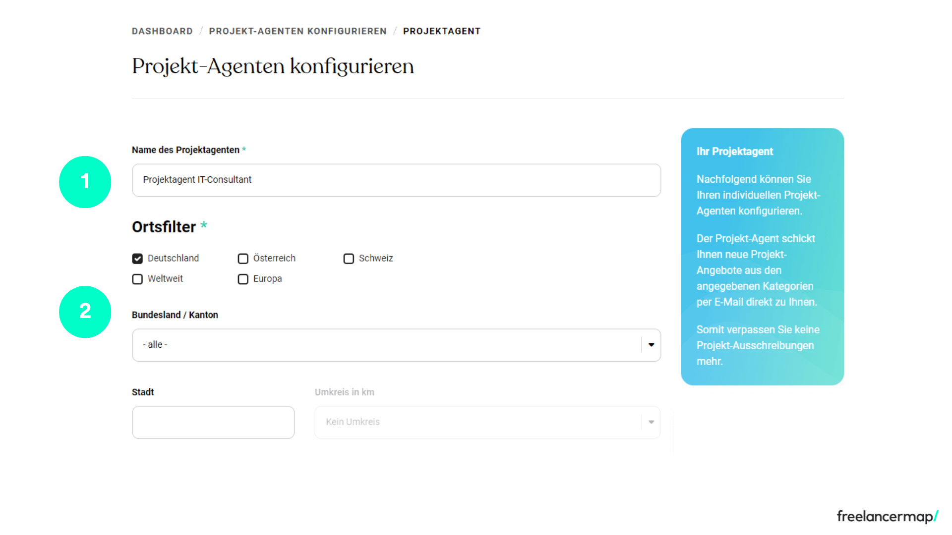 Screenshot der ersten zwei Schritte für die Einrichtung des Projektagenten von freelancermap