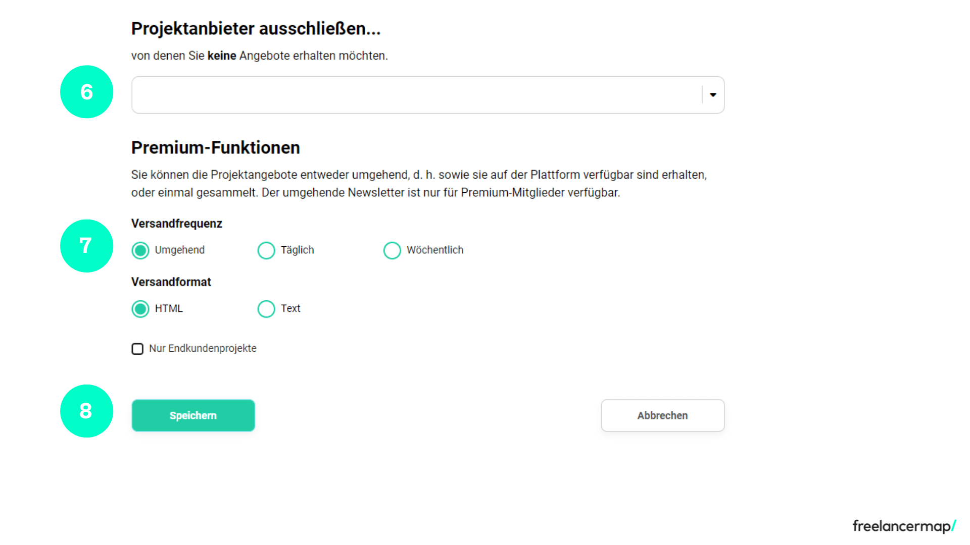 Screenshot der letzten Schritte, um den Projektagenten von freelancermap einzurichten