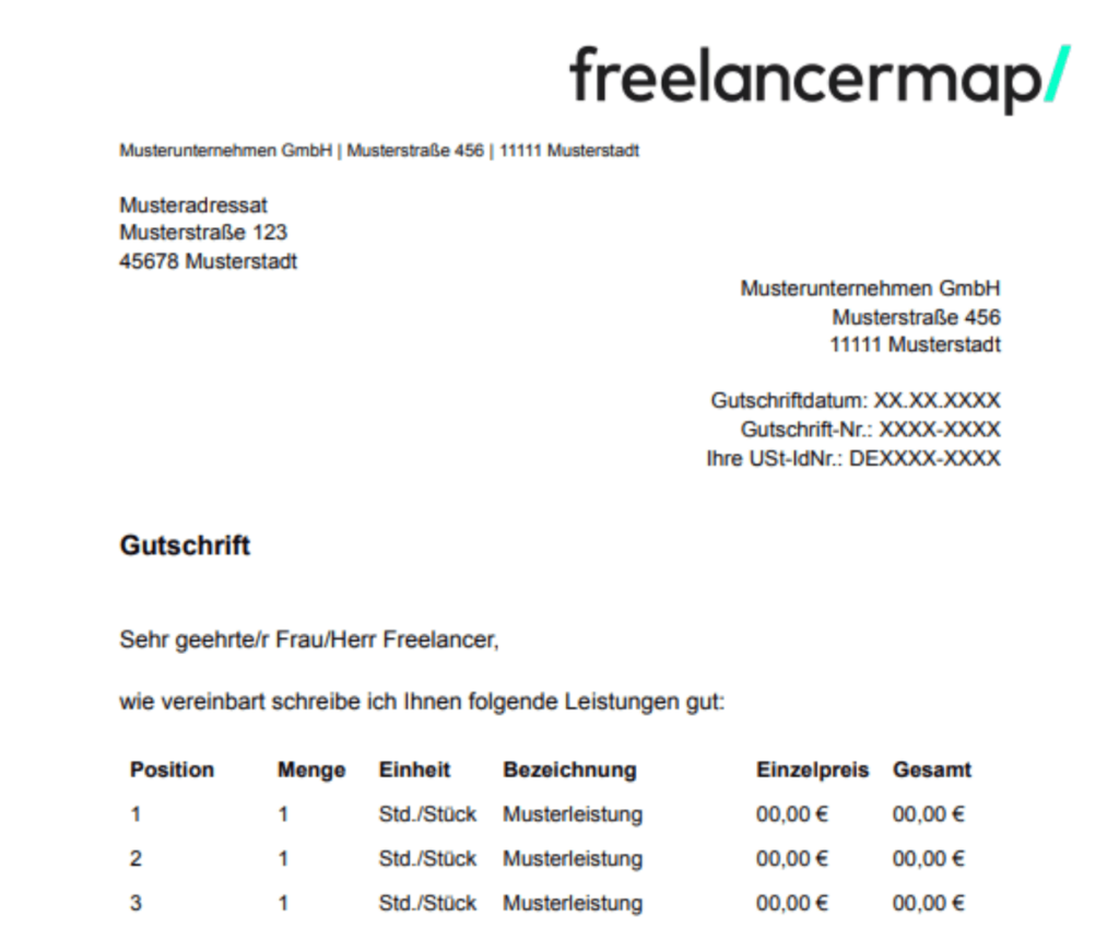 Gutschrift Vorlage und Erklärung